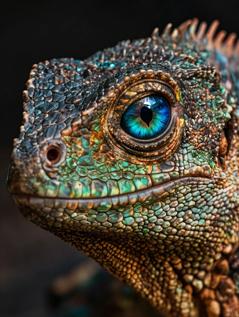 Ultra-realistic digital close-up portrait of a reptilian creature. The creature’s head is broad and rounded, with a subtle, slightly smiling expression and a gentle tilt conveying awareness, intelligence, and quiet curiosity. Skin texture is hyper-de