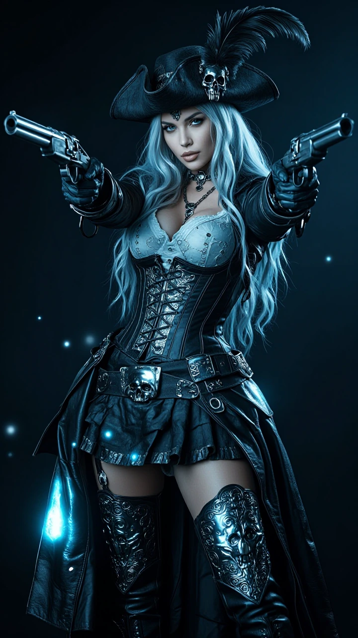 Fantasy pirate sorceress gunslinger, full-body hero shot, confident stance with direct gaze, long flowing pale-blue hair, elaborate black leather tren