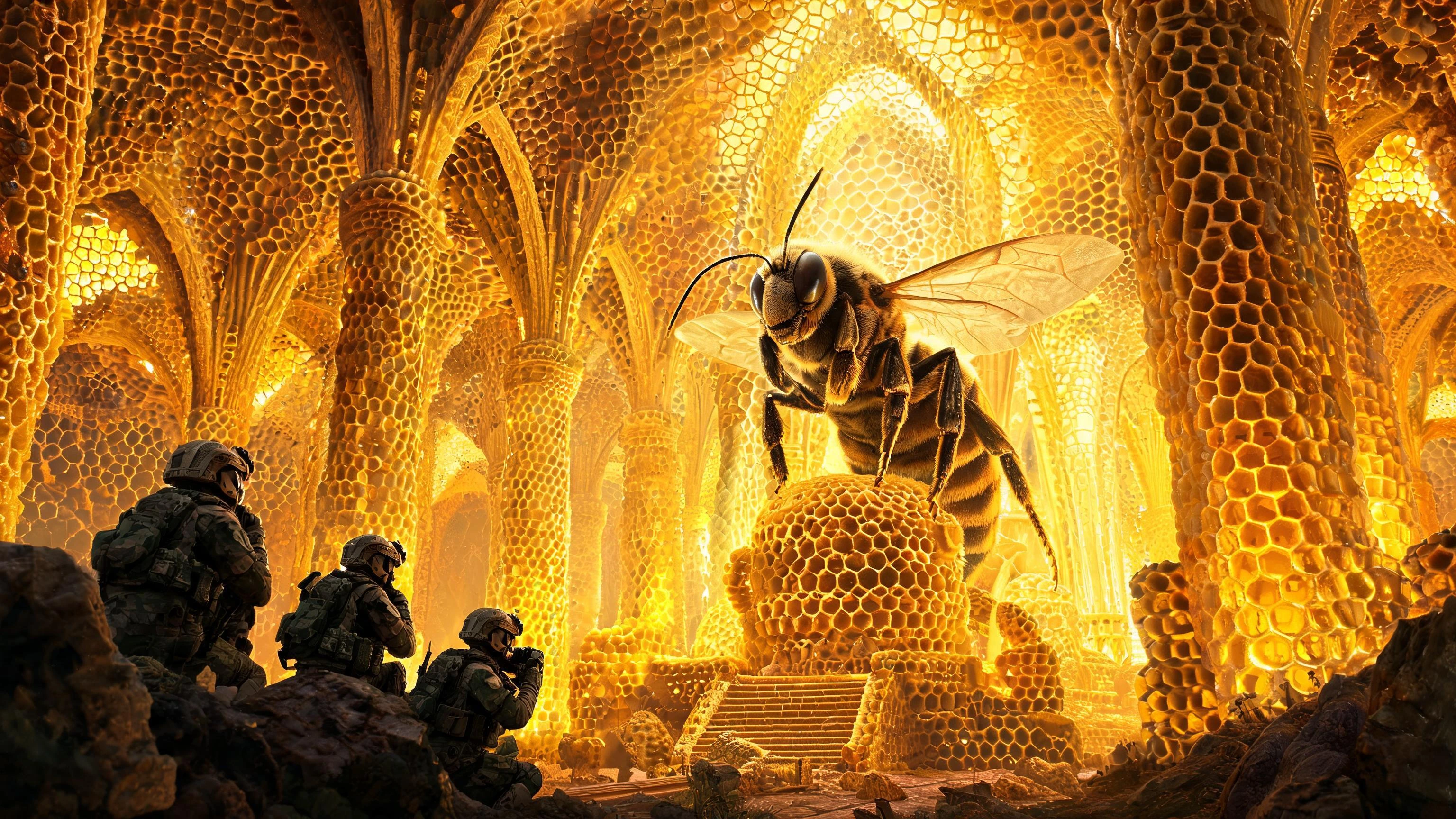 a cathedral built by bees; A vast underground space where a hive of gargantuan proportions has been constructed, seated at the centre is an enormous Queen Bee. In the bottom corner a small group of tactical Recon Soldiers are spying upon the Giant un