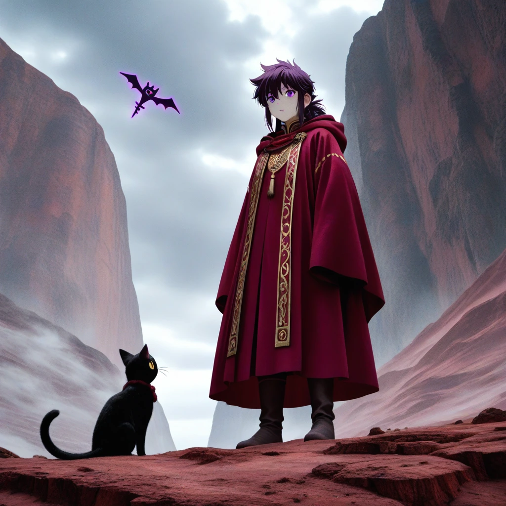 This photograph captures a playful and slightly mysterious scene. The central subject is a black cat with purple eyes in 40k mechanics hooded red robe