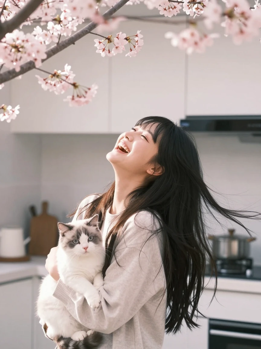 Woman with a cat, long black hair with bangs, cherry blossoms, copy, throws her head back in her hair is long and slinky. Laughs out loud in the early morning light in her kitchen.