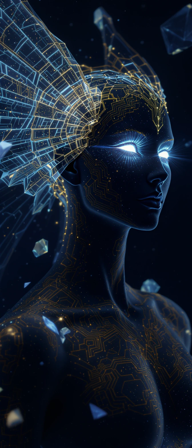 A still, hyper-detailed celestial being with crystalline wings, and bioluminescent inscriptions, rendered with controlled optical-perception design in