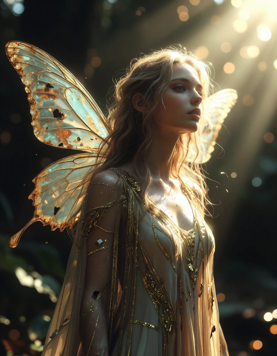 A Fairy with delicate translucent wings shimmering with golden dust, wearing a flowing gown adorned with gold embroidery and beading. Wavy hair. She gazes with ethereal eyes, skin glistening with dewdrops. Soft bokeh background of glowing golden ligh