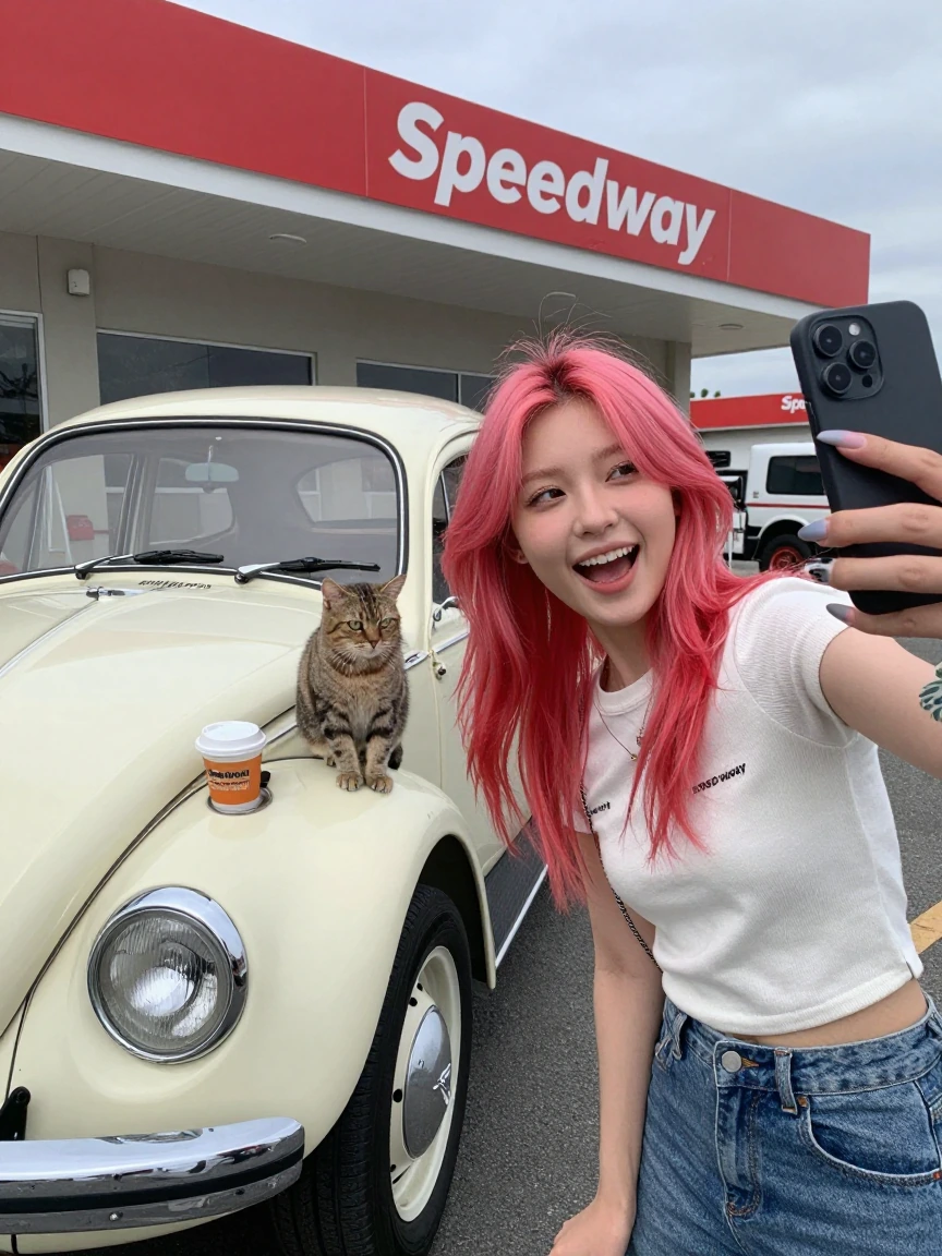 Crazy girlfriend pink red hair, taking a selfie with her cat in front of Speedway while leaning on a 1968 Volkswagen Beetle. There is a speedway coffee on the car.