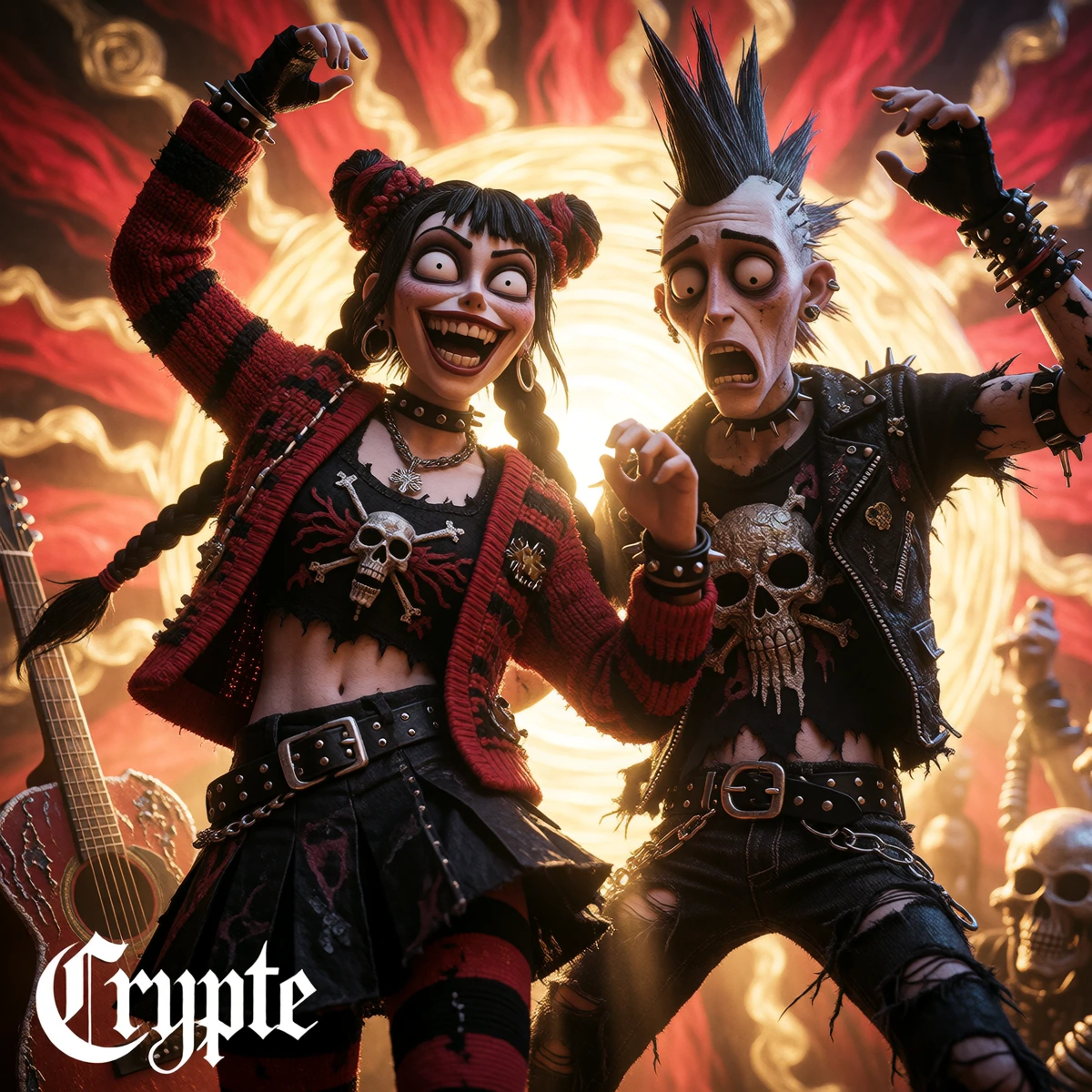 A 3D stop-motion animation depicting two punk-goth characters in identical stylised poses, their arms raised as if they were dancing. On the left: a w