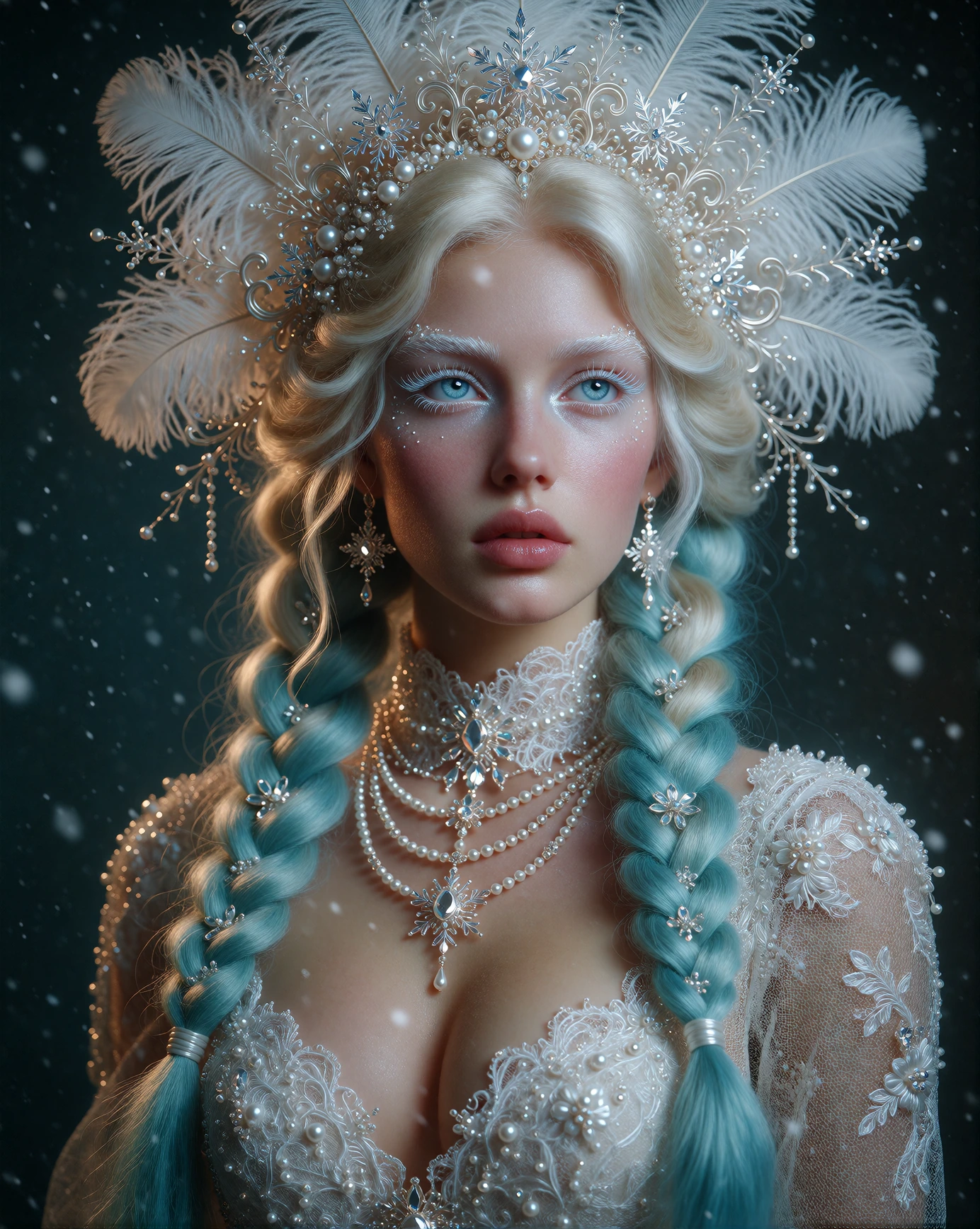 A breathtaking ethereal fantasy portrait of a young woman with porcelain skin, mesmerizing icyblue eyes gazing softly upward, full lips, and delicate white makeup accents under her eyes. She has long thick platinumblonde hair fading into soft turquoi