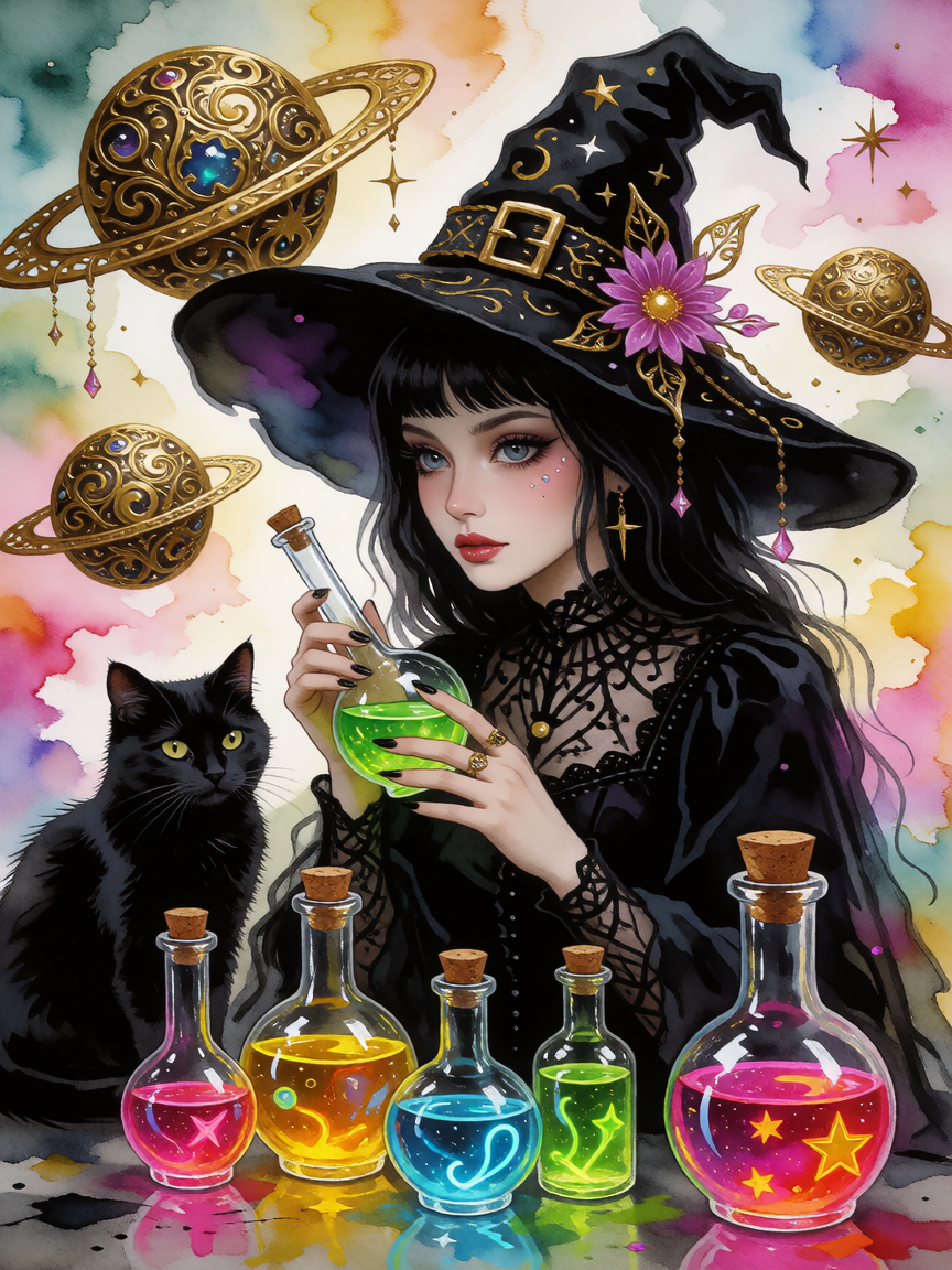 Gothic witch, ornate gold planets, neon potions, cat nearby, surreal, dreamy, witchcore, messy watercolor