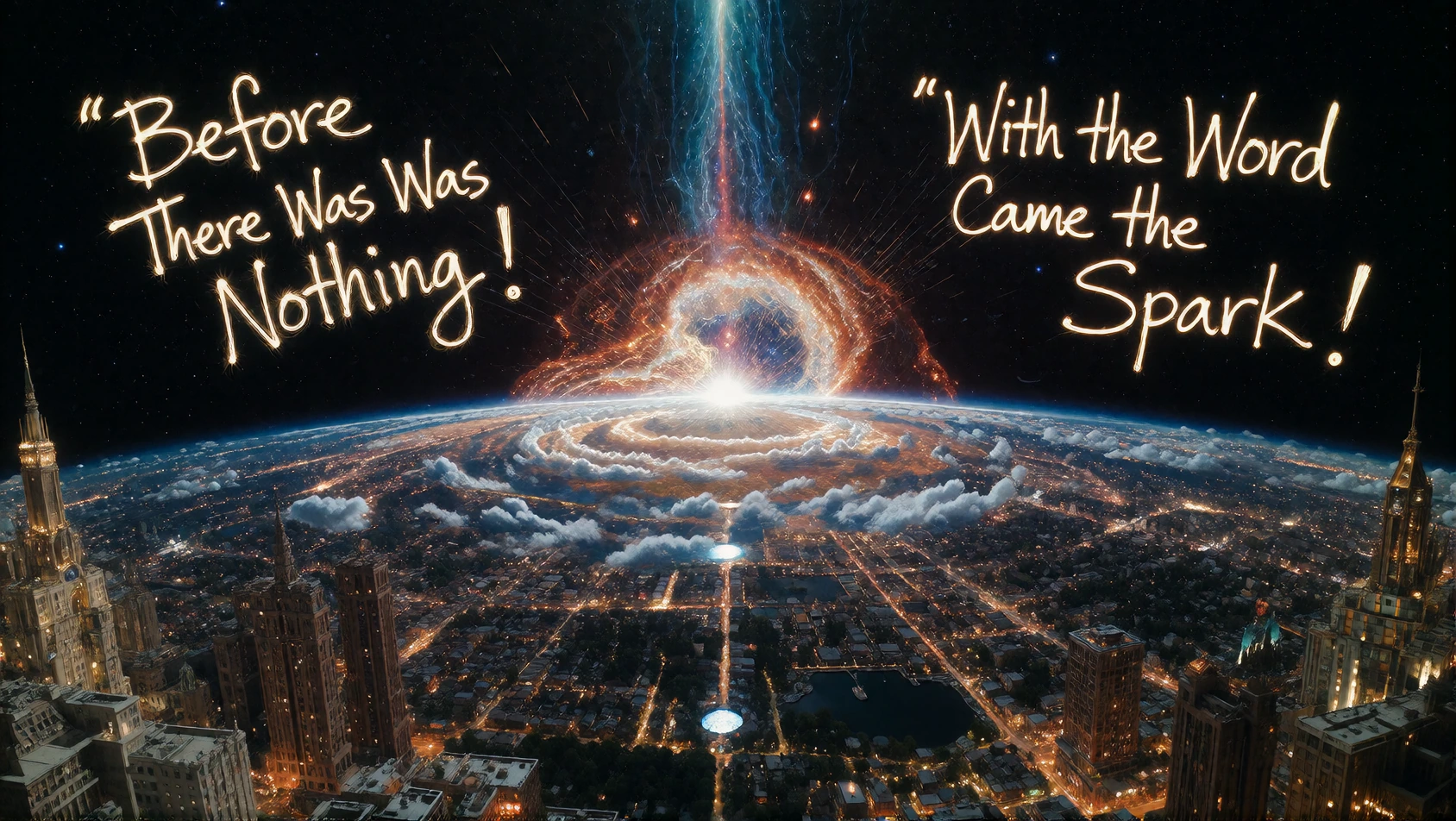 The Unfinished Sentence; "Before The Word There Was Nothing!" Written upon the void before creation. "With the Word Came the Spark!" Written upon the Big Bang and the creation of the Universe. "The Sentence is Unfinished!" Written upon a montage of t