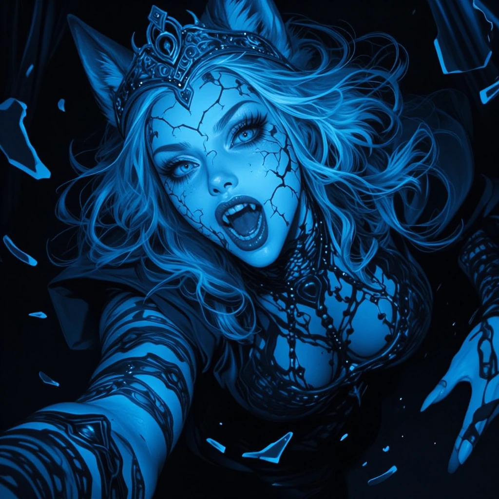 In a dramatic, first-person view, the beautiful, luminescent blue porcelain-skinned vampire from the image begins to transform into a fearsome werewolf. Her intricate, metallic crown remains as her defining feature, but cracks begin to form on her po