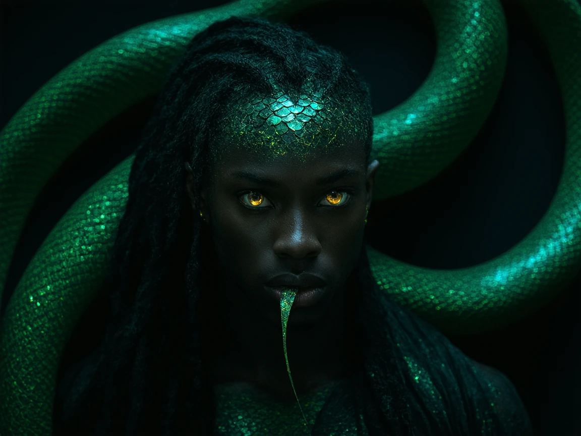 Striking androgynous figure with human upper torso and serpentine lower body, iridescent emerald and gold snakeskin scales with intricate diamond patterns, scales catching dramatic light with mother-of-pearl iridescence, fierce piercing eyes glowing 