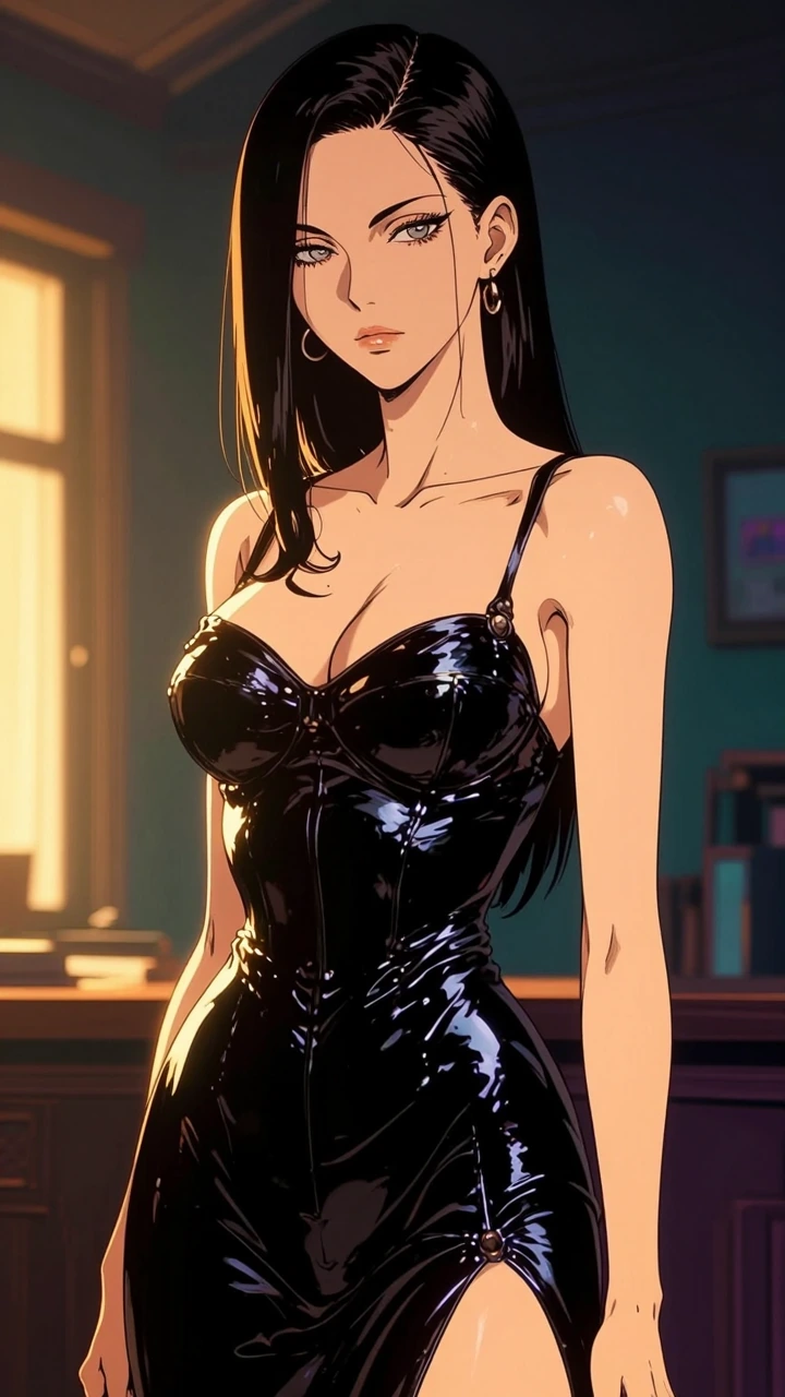 A female character standing in a dimly lit room, mid-shot composition, long dark hair with sensual eyes, confident rebellious expression, toned figure, wearing a glossy black form fitting vinyl dress, warm focused key light on subject with soft rim l