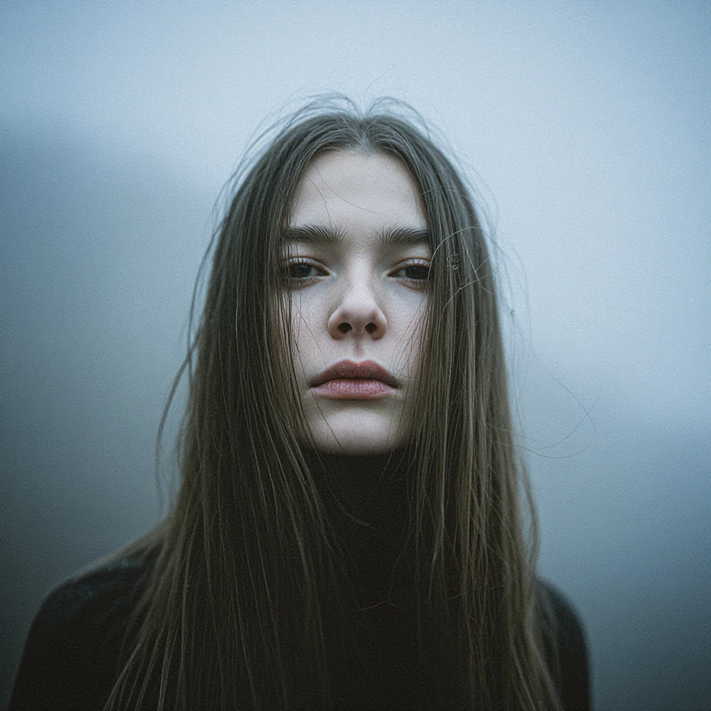 ethereal portrait of solitary figure in misty forest, cinematic lighting