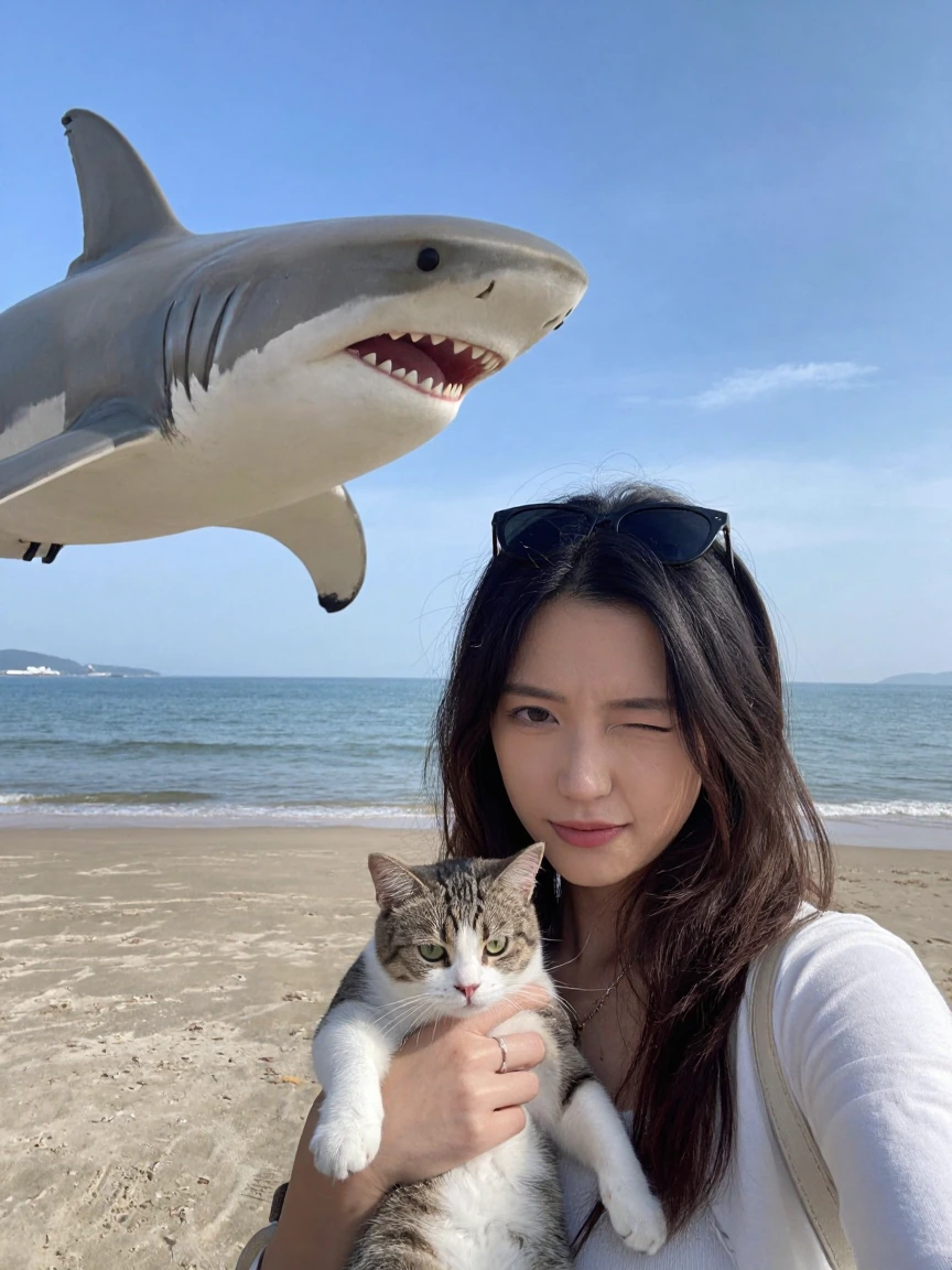 Crazy girlfriend, taking a selfie with her cat at the beach and getting photo bombed by the Jaws shark