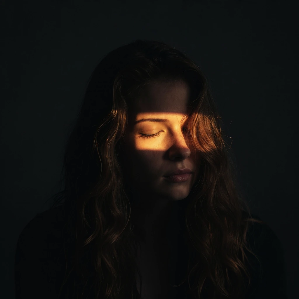 A moody, dreamy portrait of a young person with long, wavy hair, bathed in a stark, dramatic shaft of golden light that cuts across their closed eyes 