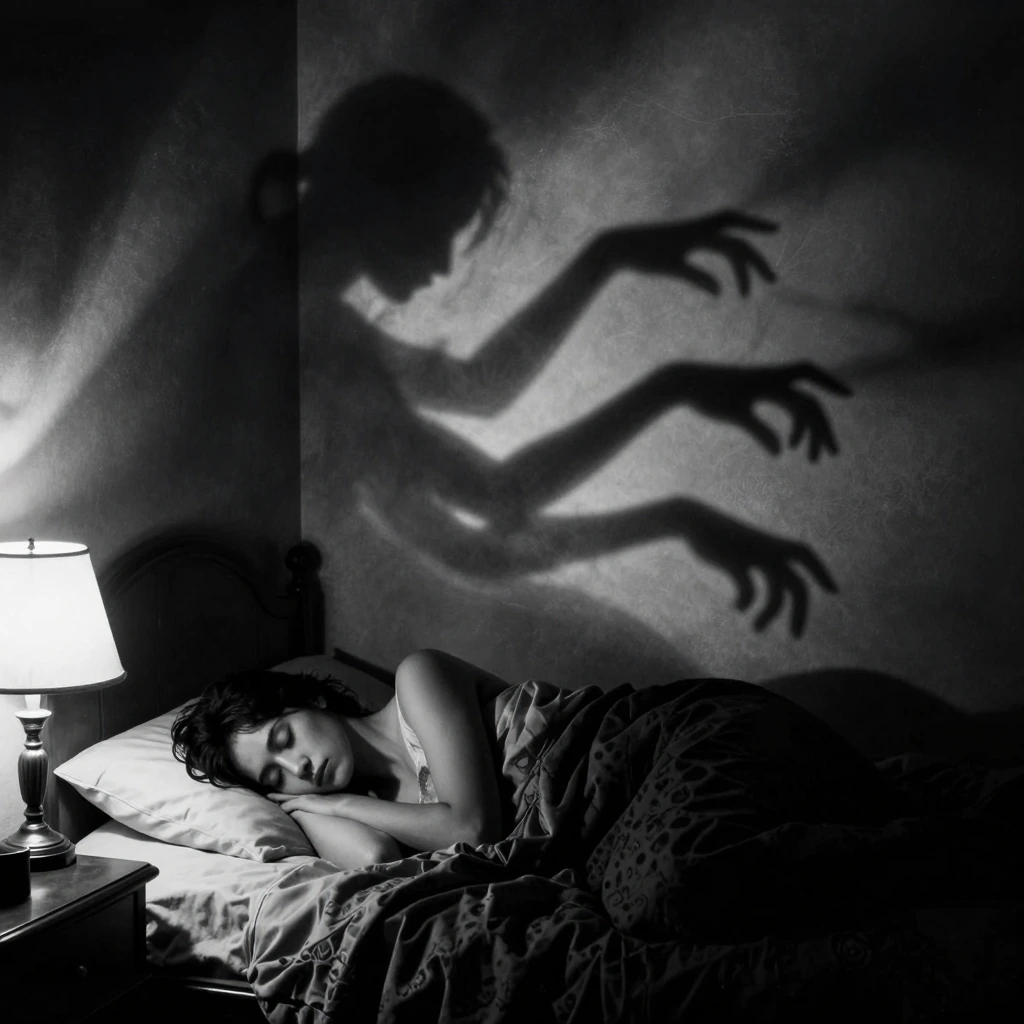 A person lying asleep in bed at night, their shadow cast sharp and black on the wall behind them by a single bedside lamp, but the shadow is moving independently — stretching impossibly long, contorting into sinuous shapes, reaching across the wall w