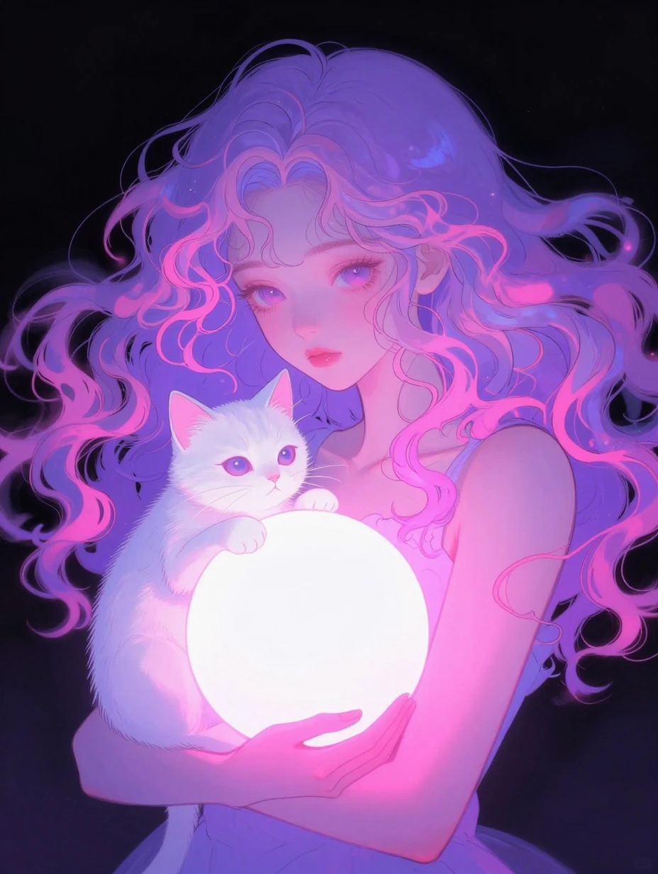 # Luminescent Dreams An ethereal figure with voluminous, flowing curls in shades of lavender and pink gazes serenely forward. Her delicate features are rendered in soft, anime-inspired linework against a black void. Cradled in her arms is a glowing w