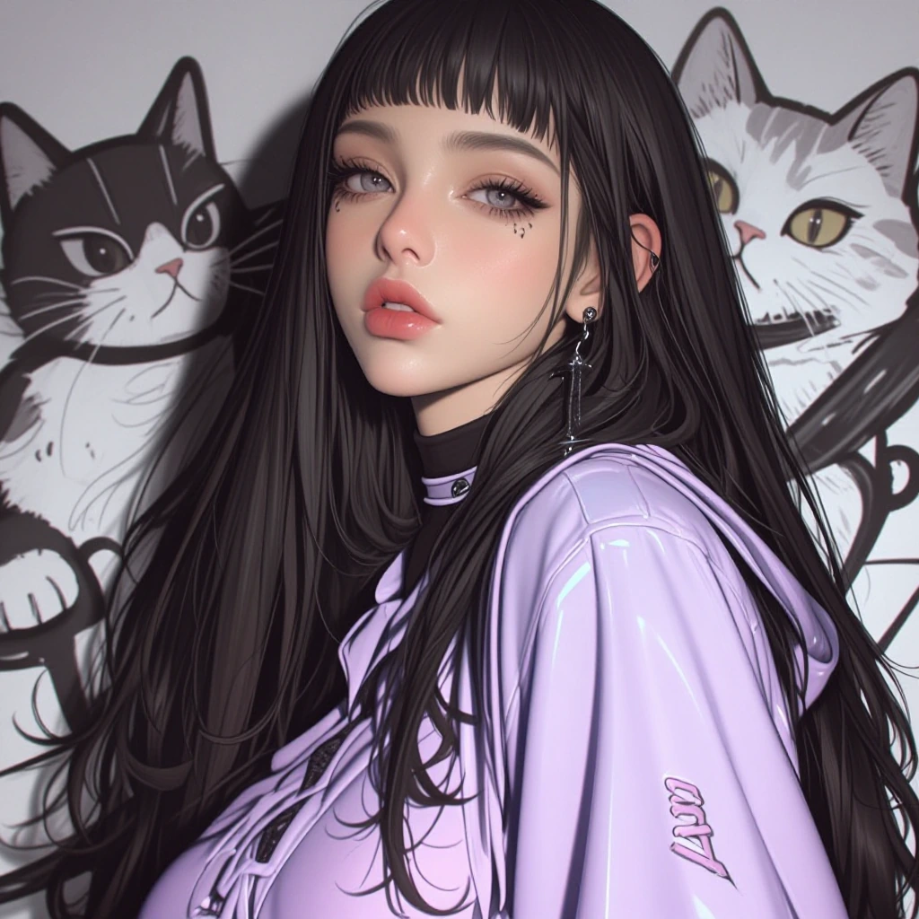 Beautiful Asian model in lavender , holographic material, and beautiful, kitten graffiti