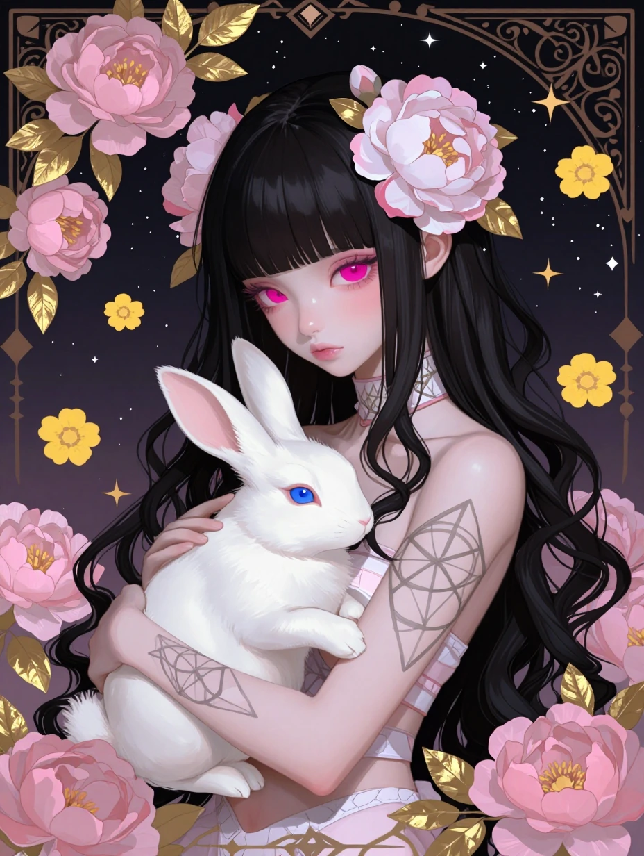 # Cosmic Elegance A striking anime-inspired illustration features a pale-skinned girl with striking magenta eyes, her black hair adorned with pink and white flowers. She holds a white bunny with piercing blue eyes. The composition radiates mystical e