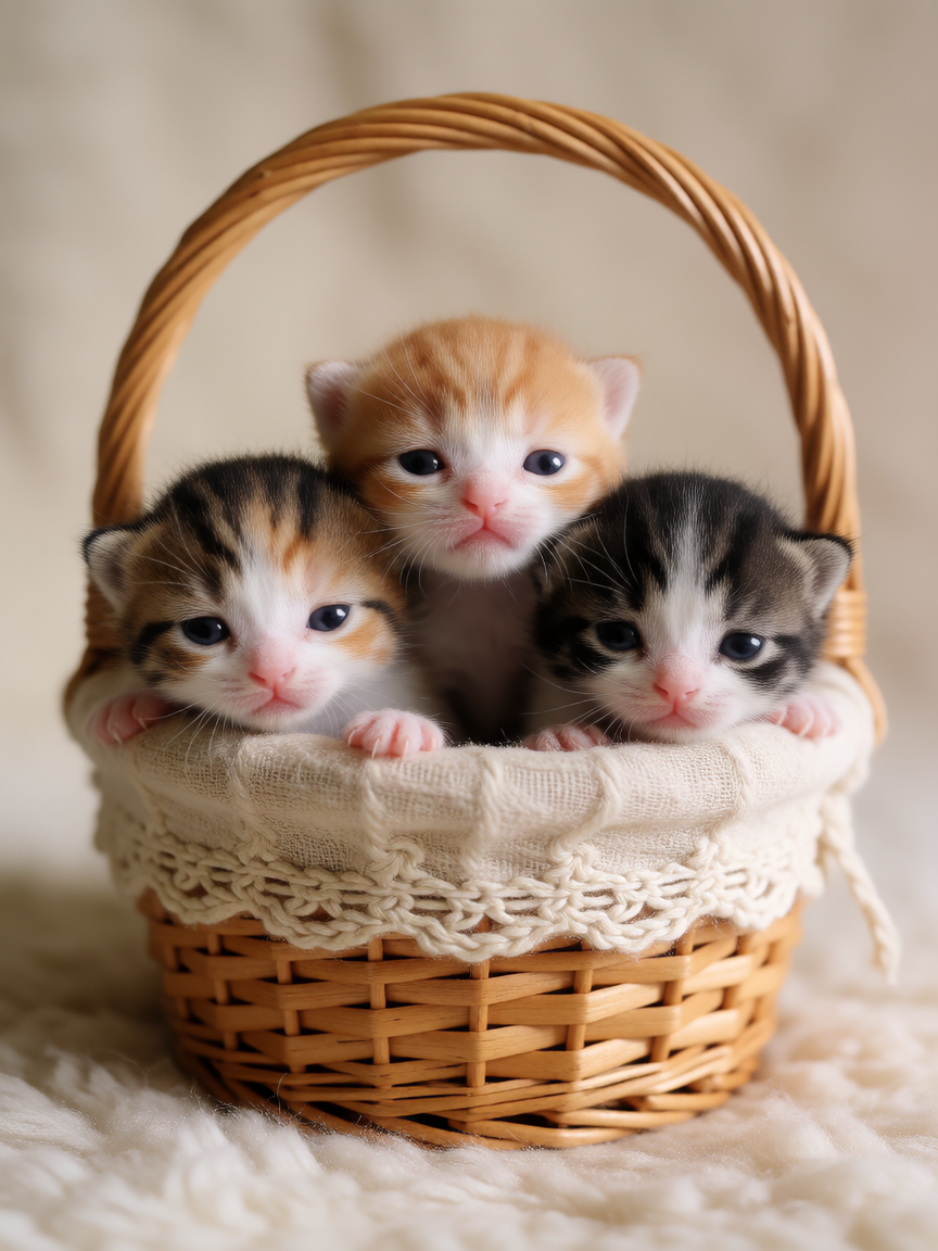 Tiniest newborn kittens in a little basket