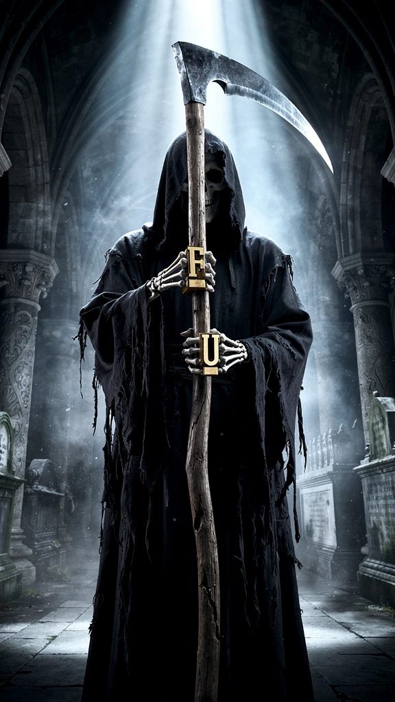 A detailed, cinematic photograph of the Grim Reaper in tattered black robes, standing centrally and holding a classic Grim Reaper scythe vertically. T