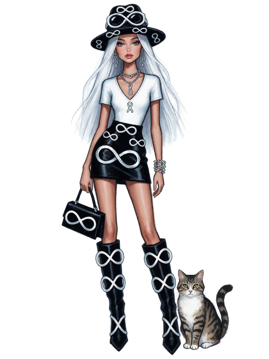 Fashion illustration of a beautiful platinum haired woman model dressed in a mini skirt and boots designed with infinity symbols. Strange hat too. She is with a cat, of course. Don’t forget the cat. And don’t forget to make this really weird but make