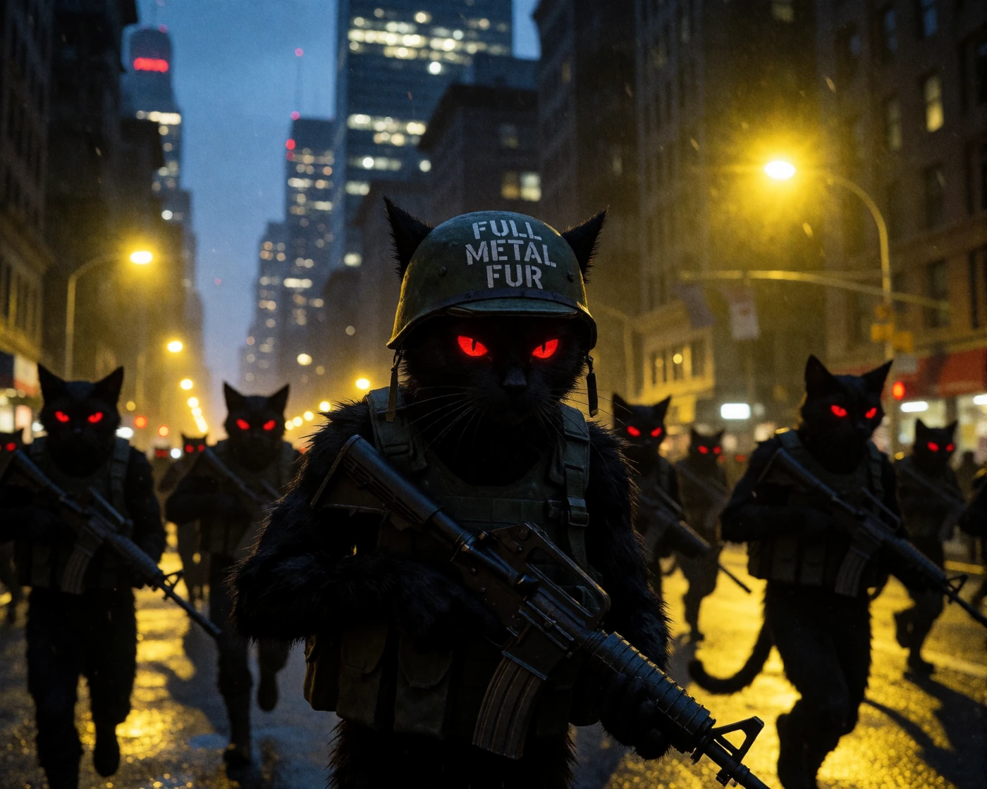 An army of upright black-furred humanoid cats with crimson eyes advancing down a Manhattan street at dusk, the lead cat wearing a military helmet emblazoned with "FULL METAL FUR" in stenciled white lettering, all figures bristling with assault rifles