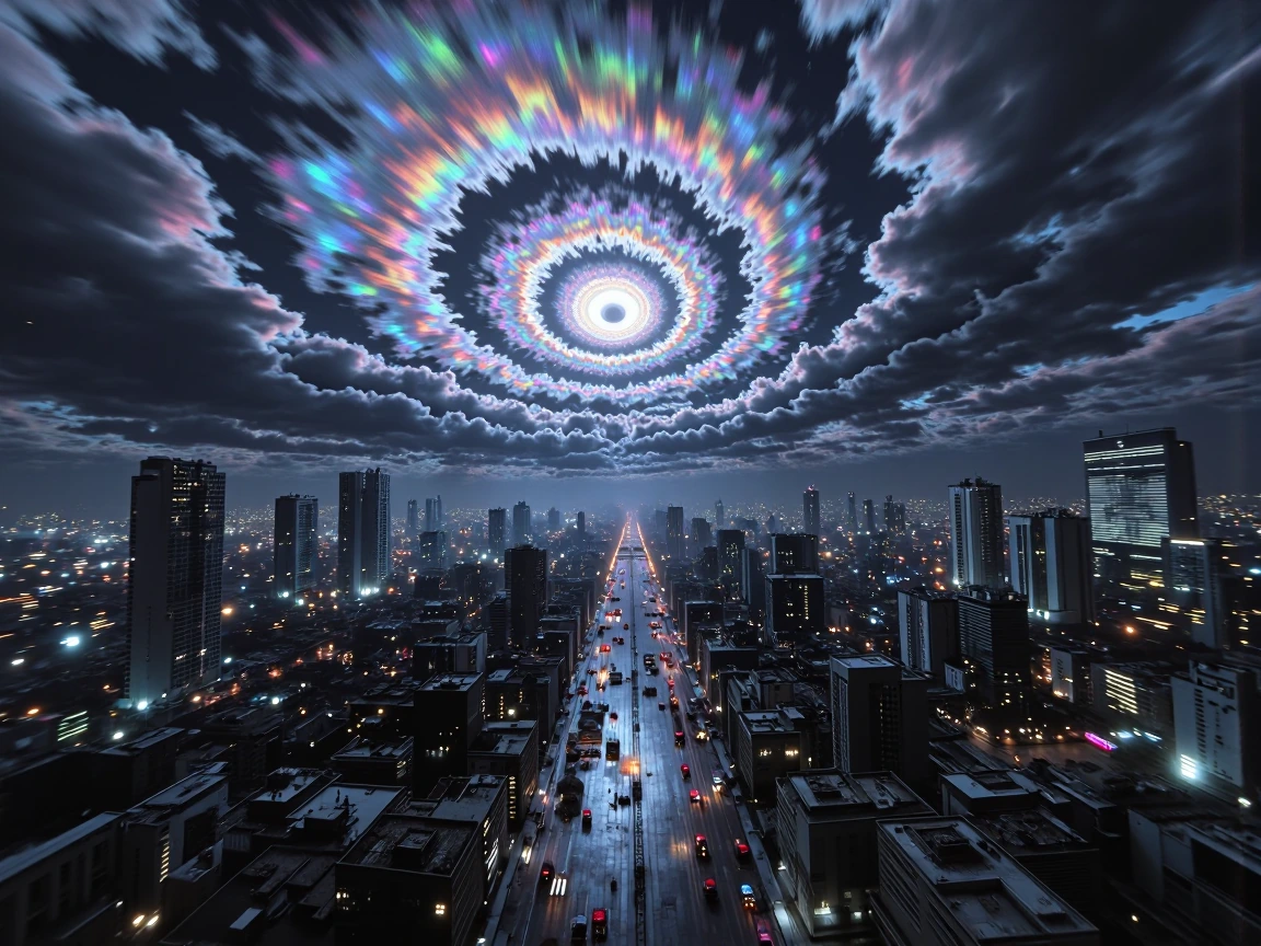 in the eye of the storm, a big hurricane, a city center, chaos and relief, debrie,