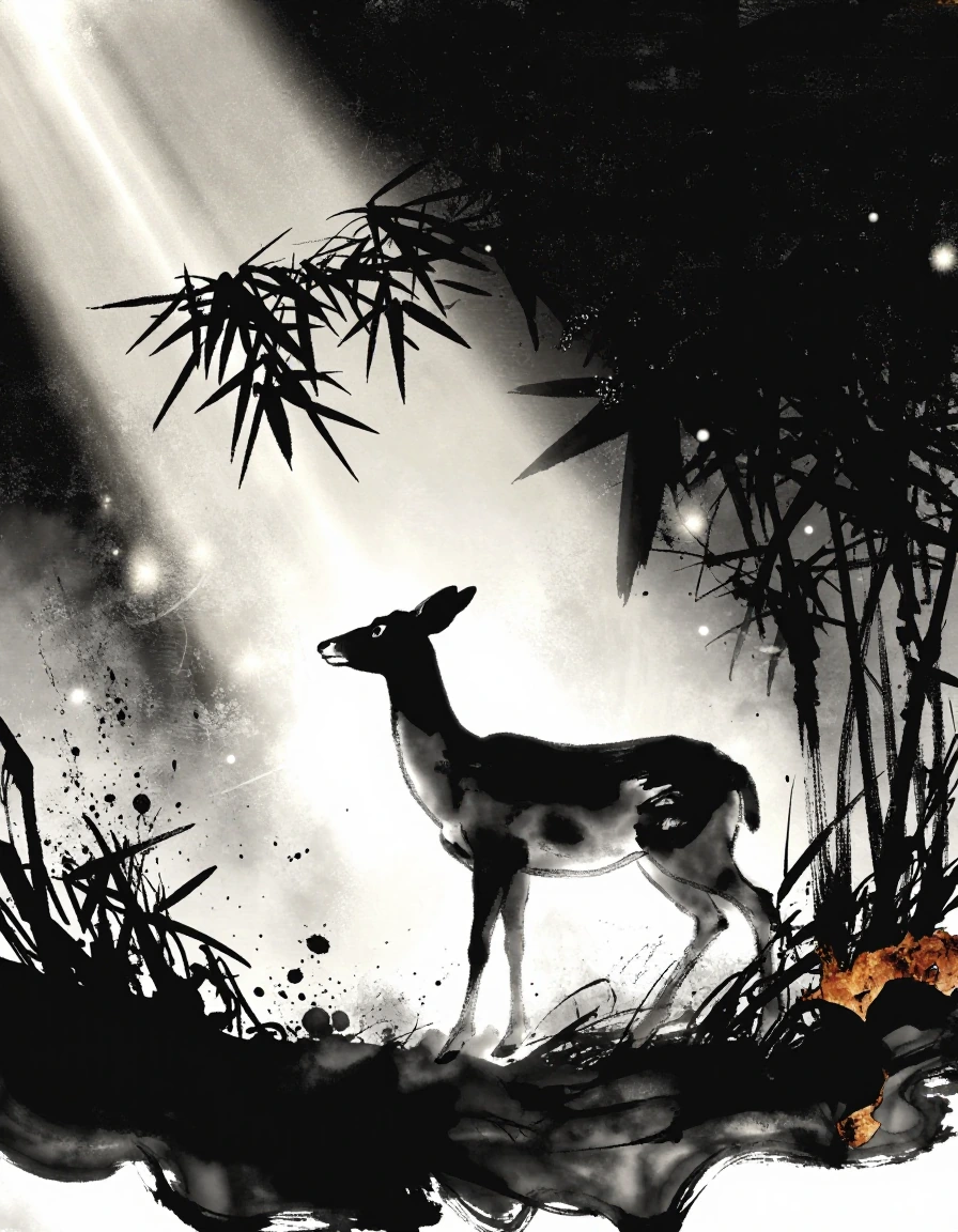A dramatic Sumi-e ink wash painting of a deer in a bamboo grove, minimalist composition, bold expressive brushstrokes, high contrast black ink on textured rice paper, dynamic use of negative space, soft ink gradients and splashes, traditional Japanes