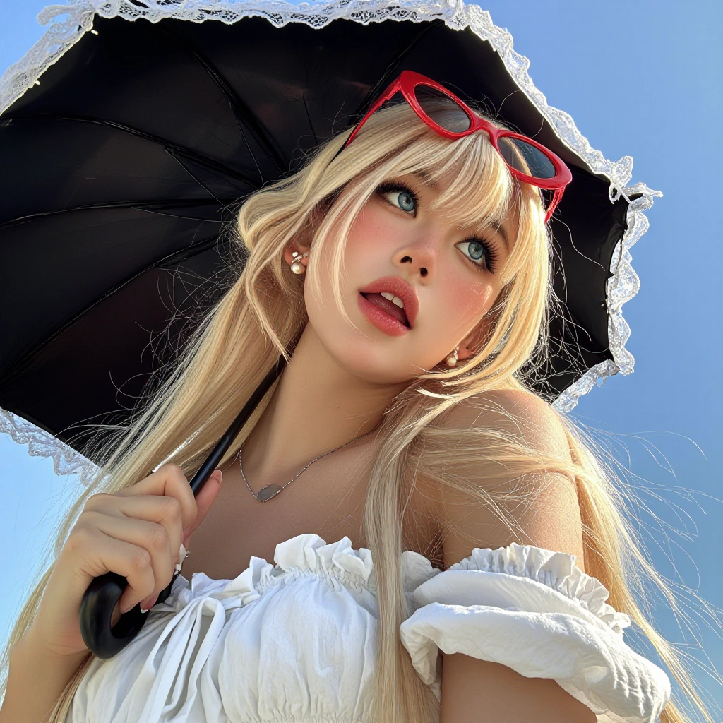 A stunning young woman with long, flowing platinum-blonde hair and straight-cut bangs stands beneath a brilliant blue sky on a bright sunny day, captu