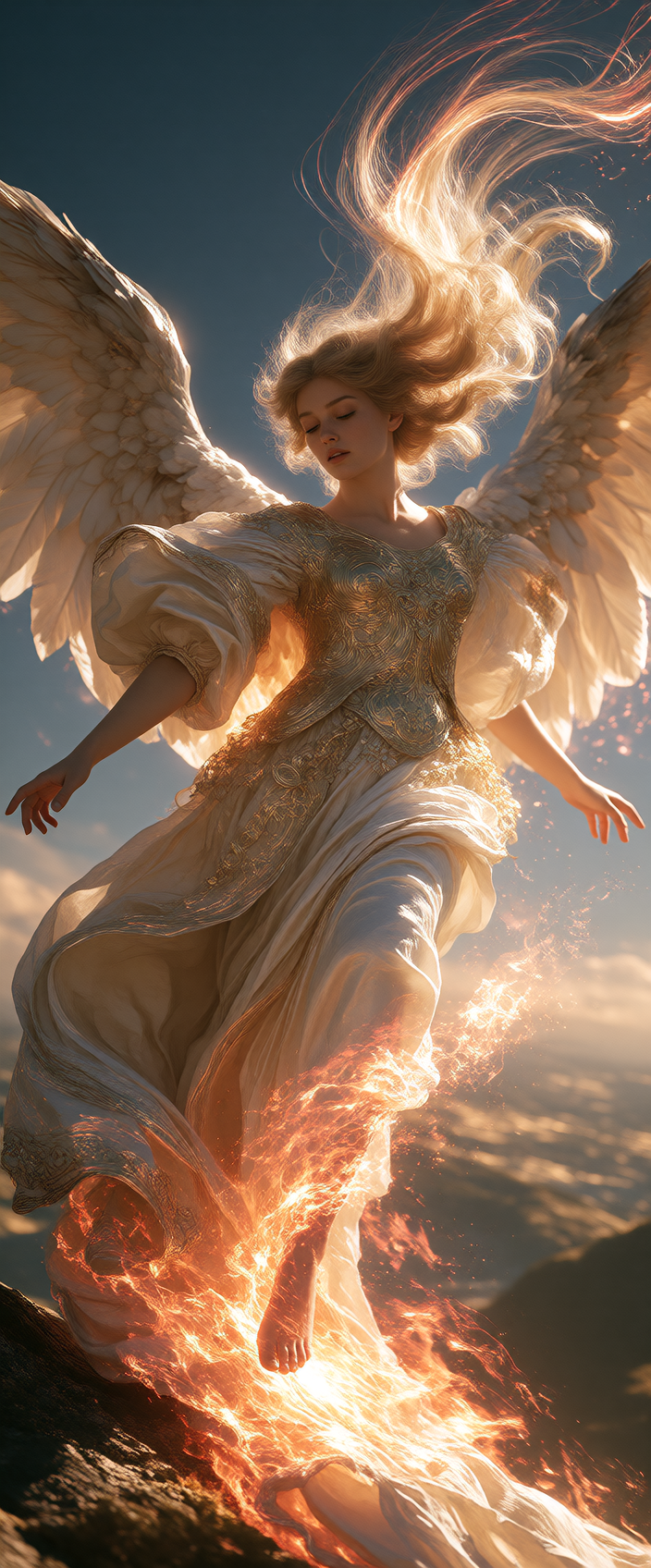 Create a **beautiful angel** bathed in **glowing, pulsating, warm sunlight**. The angel is being **pulled down by a malevolent demon**. The angel's **