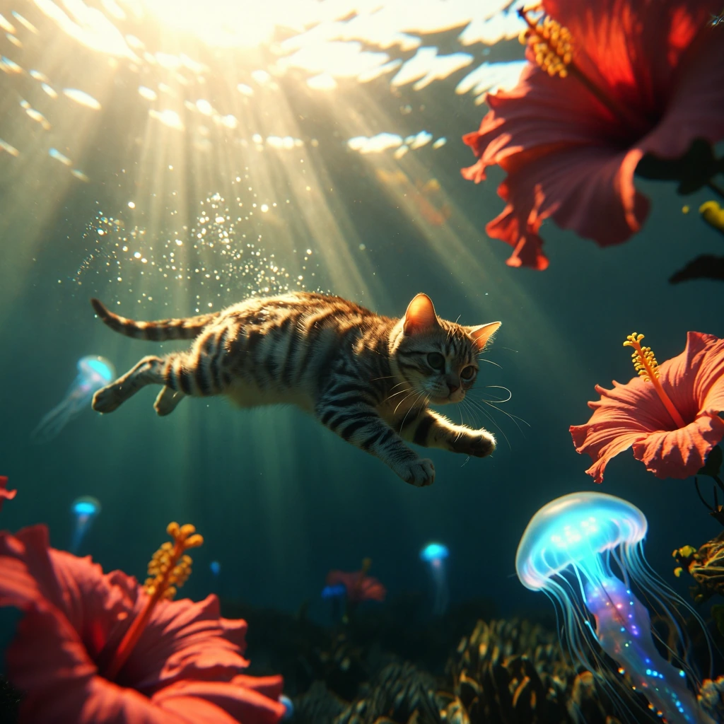 A striped cat swimming gracefully through bioluminescent tropical waters at golden hour, surrounded by oversized hibiscus flowers and glowing jellyfish