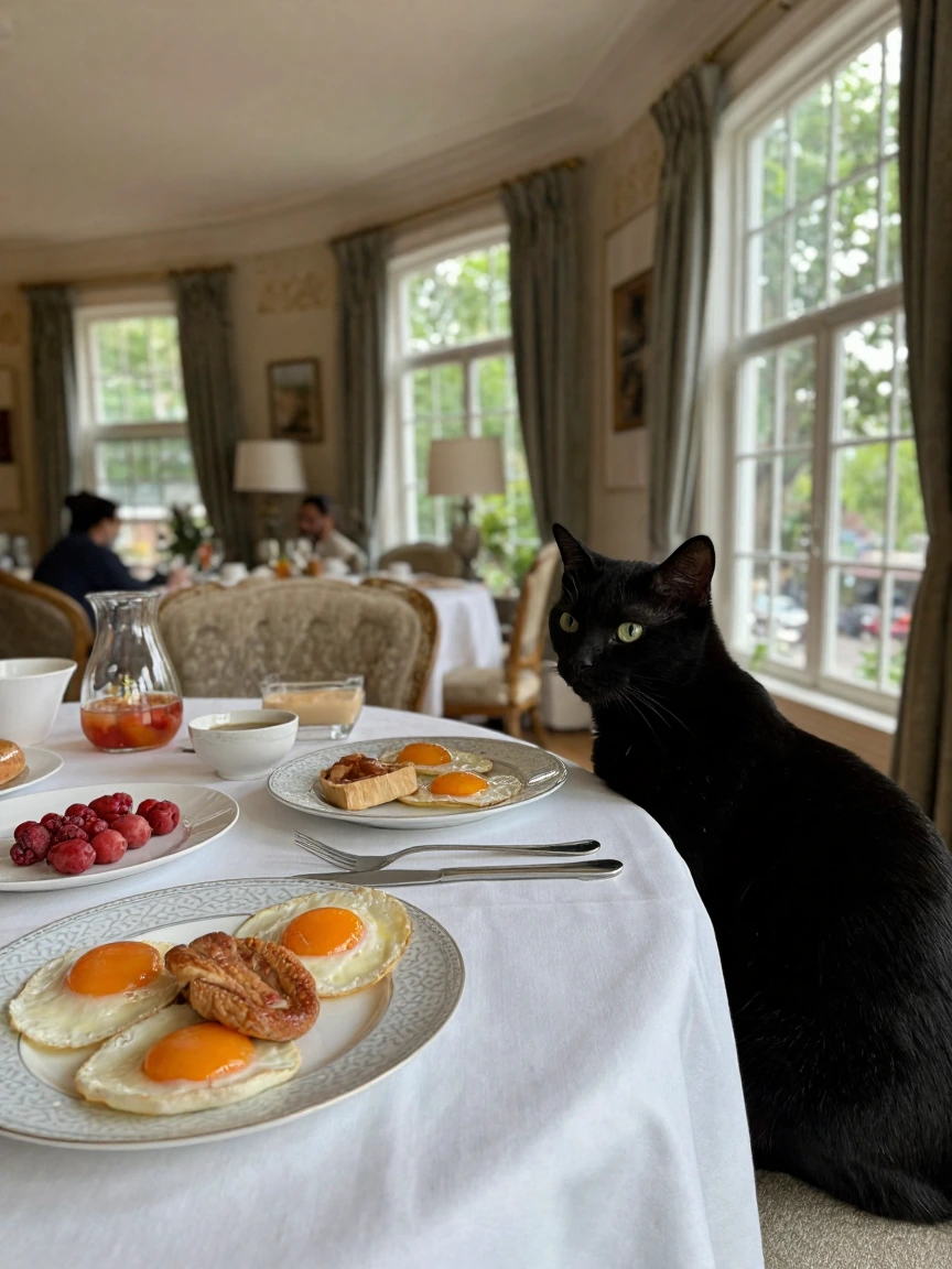 Amateur photograph of a black cat peeking at a breakfast at a table, fancy dining room, big windows