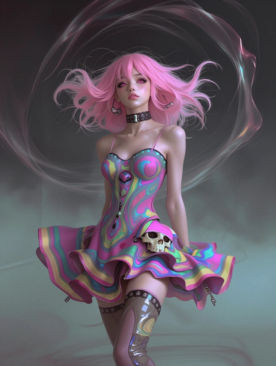 masterpiece, best quality, amazing quality,,, skullxd, 1girl, pink hair, pink eyes,dress