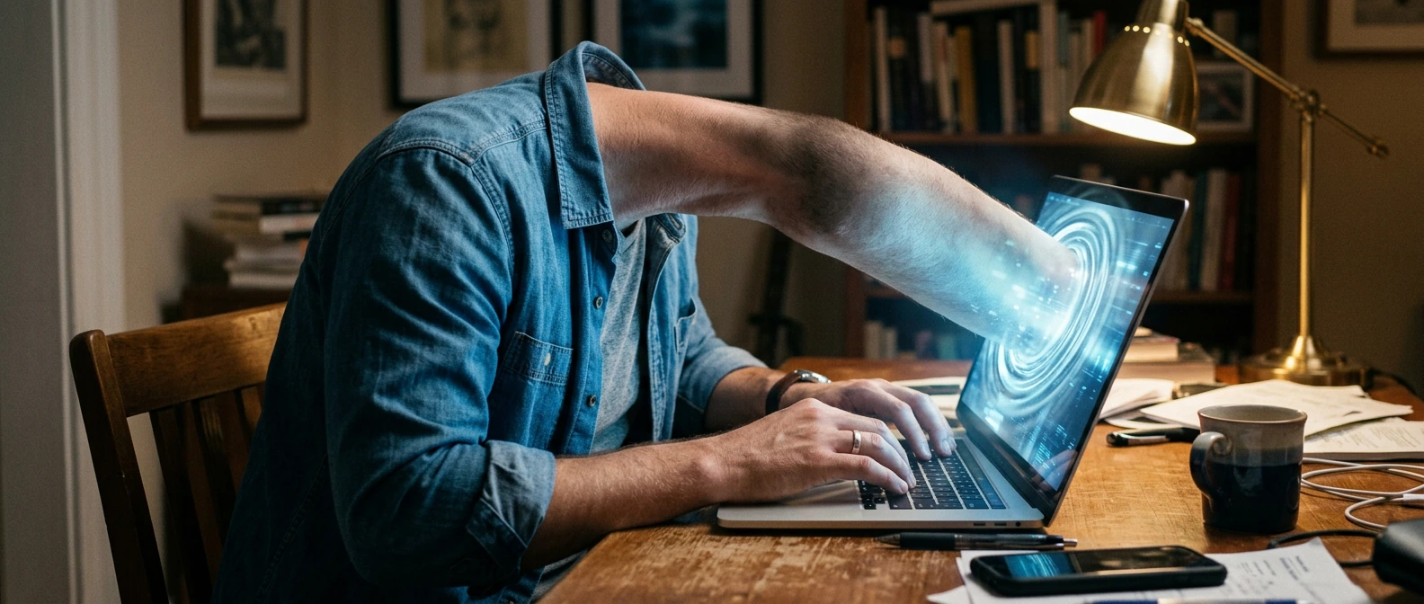 Show a man sitting at a wooden desk, his upper body leaning forward with both hands resting on the keyboard of an open laptop — but his entire head has physically merged into the glowing screen, disappearing through the glass surface as if the displa