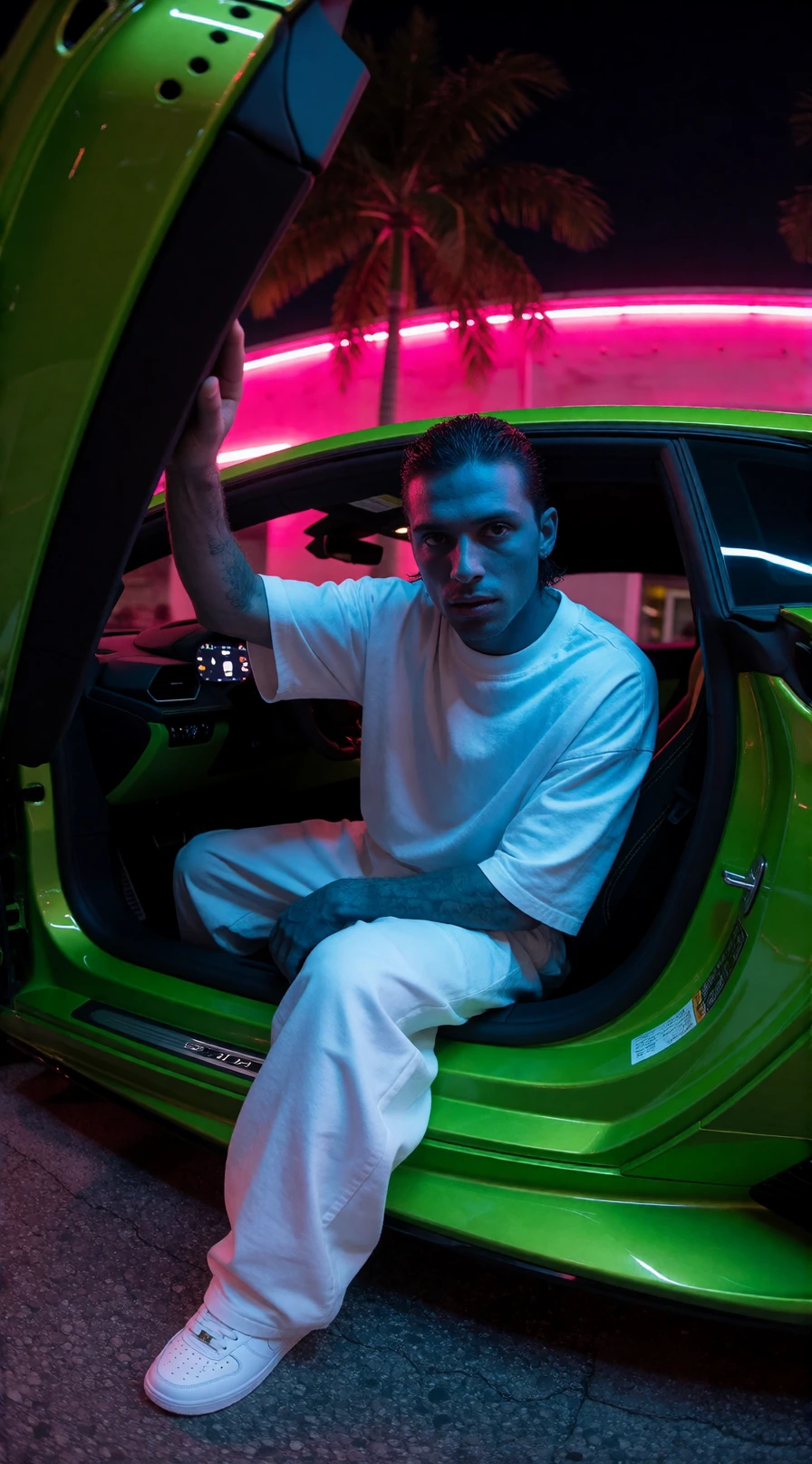 Cinematic music video still, 2025 high-end production. Extreme fisheye lens shot, low angle, a man with blue eyes and slicked-back hair is stepping out of a neon-green Lamborghini. He is sitting in the car with the open vertical car door, He wears a