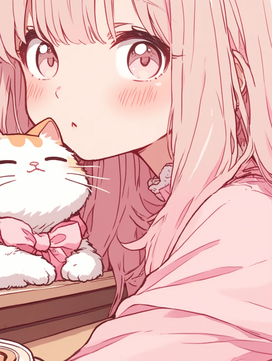 Woman, platinum pink ombre hair with a cat in a café, close-up