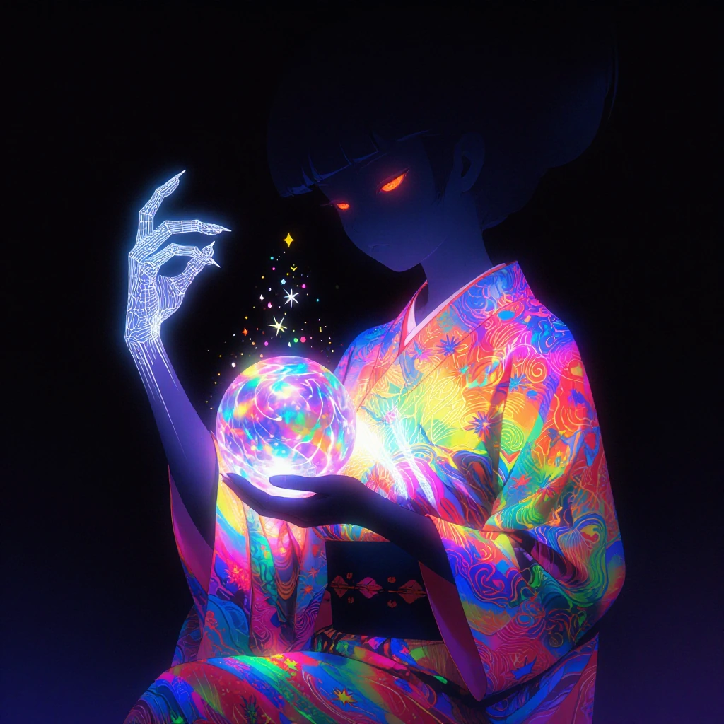 # Ethereal Luminescence A silhouetted anime figure sits in darkness, radiating otherworldly light. Her traditional kimono glows with intricate pattern