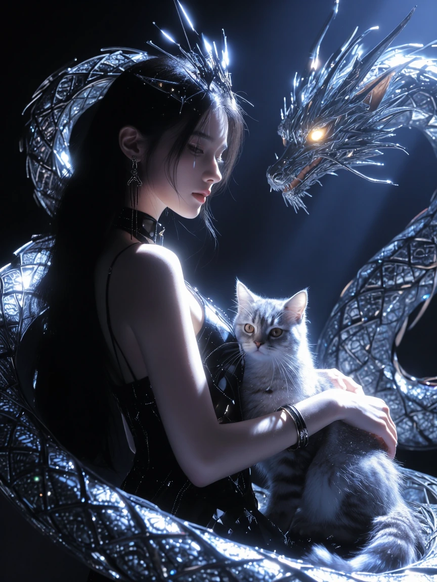 Woman, dragon, cat, sparkling