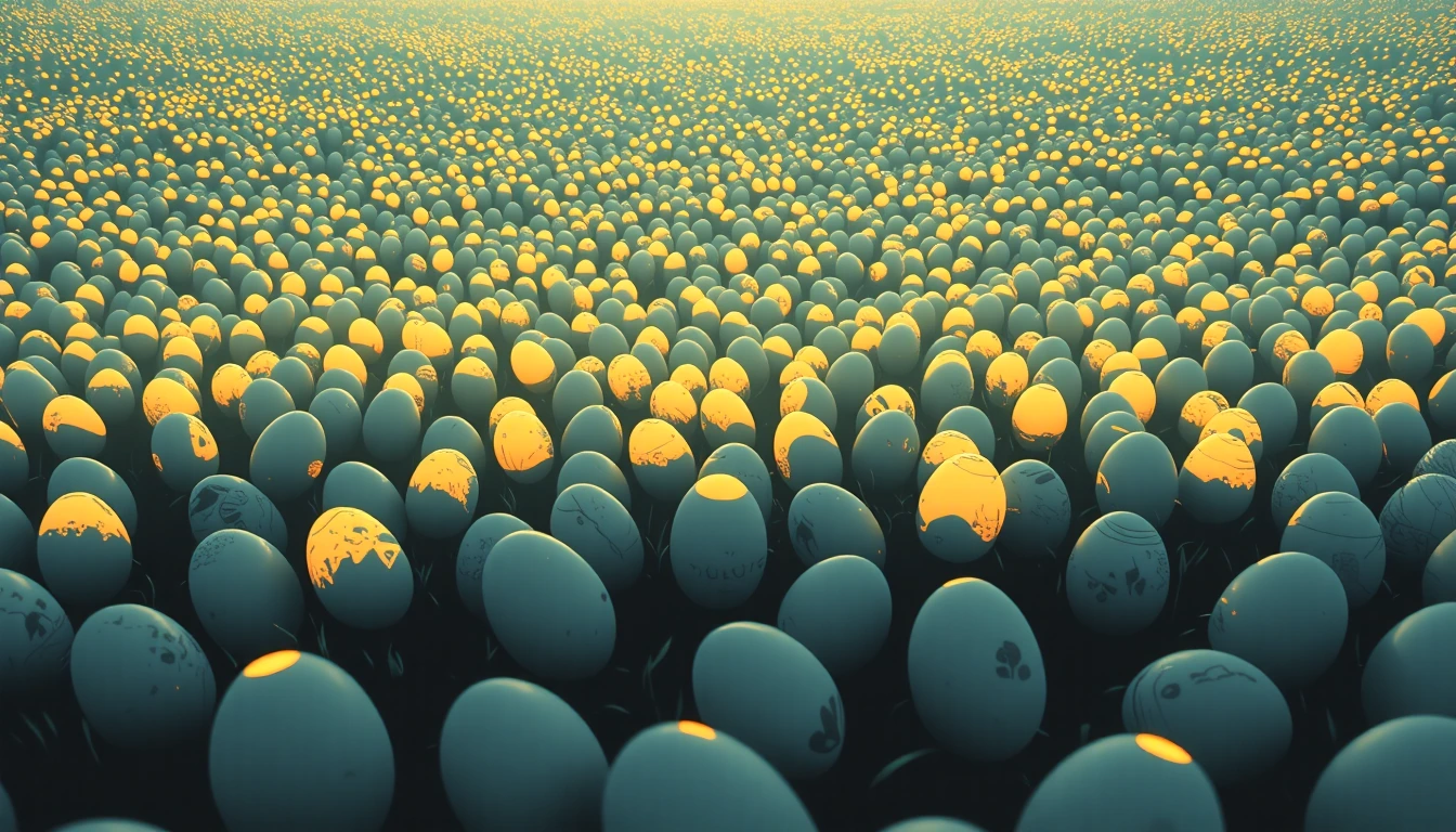 Endless field of glowing Easter eggs stretching to the horizon, each egg pulsing softly with light, surreal repeating patterns