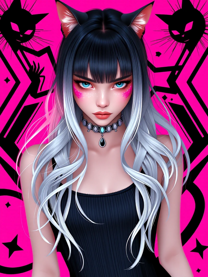 Woman, platinum, black ombre hair with a cat standing by a big pink mech