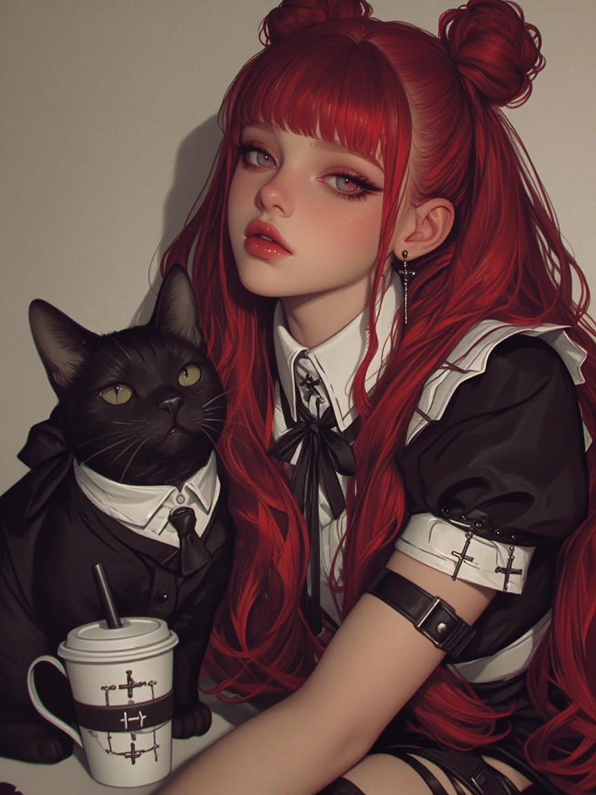 Red Wild girl, coffee and cat