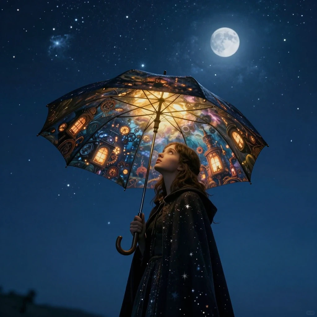 A magical, cinematic wide shot of a young dramatic and mysterious girl standing under a large, open umbrella against a backdrop of a vast, deep blue s