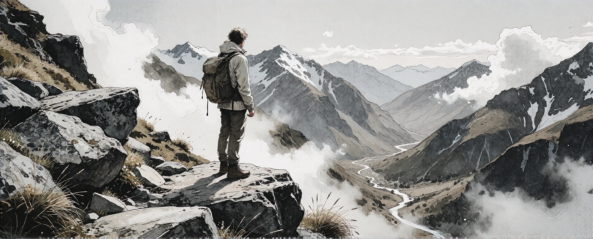 Create a detailed graphite pencil sketch of a lone hiker standing on a rocky ledge in the Southern Alps of New Zealand, gazing out over a vast alpine vista. Render the hiker from behind in mid-distance, wearing a weathered jacket, hood down, backpack