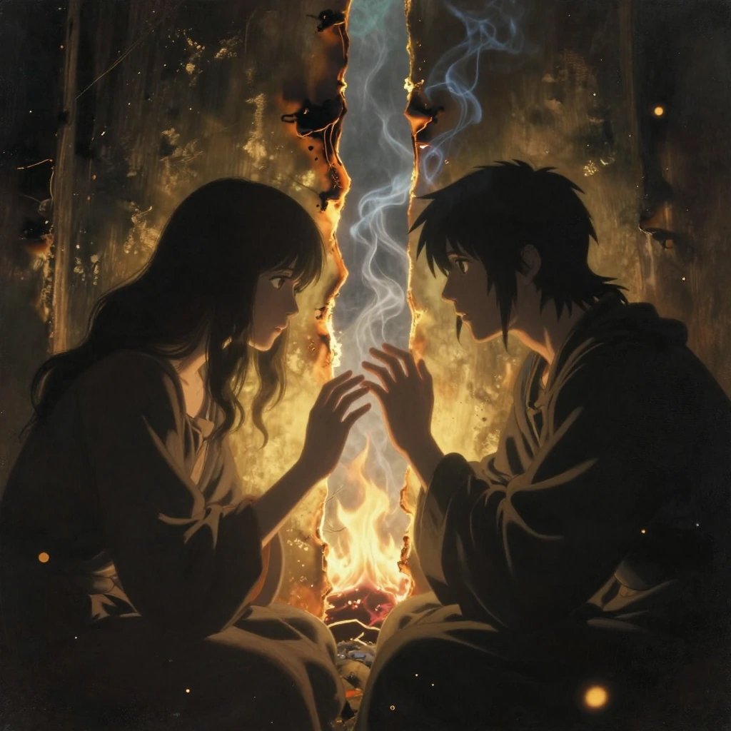 Dimly lit intimate space, two silhouettes separated by a luminous void, ethereal golden light casting harsh shadows between them, fractured communication visualized as a glowing chasm, warm amber flames flickering uncertainly in the darkness, texture