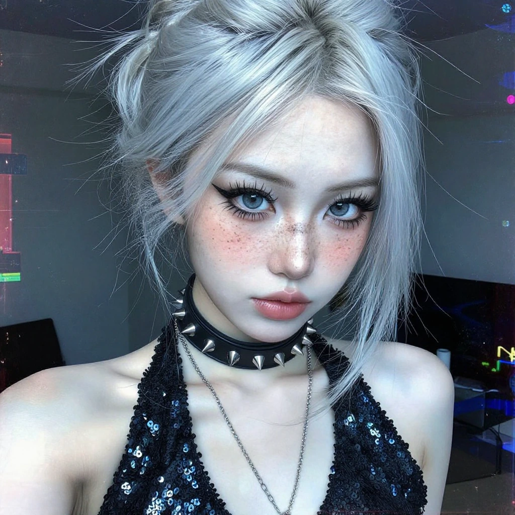 A striking portrait captures a person with platinum silver hair styled in an effortless updo with wispy bangs framing their face. Their pale complexion is dotted with freckles, complemented by dramatic false lashes and blue-grey eyes with a bold cat-