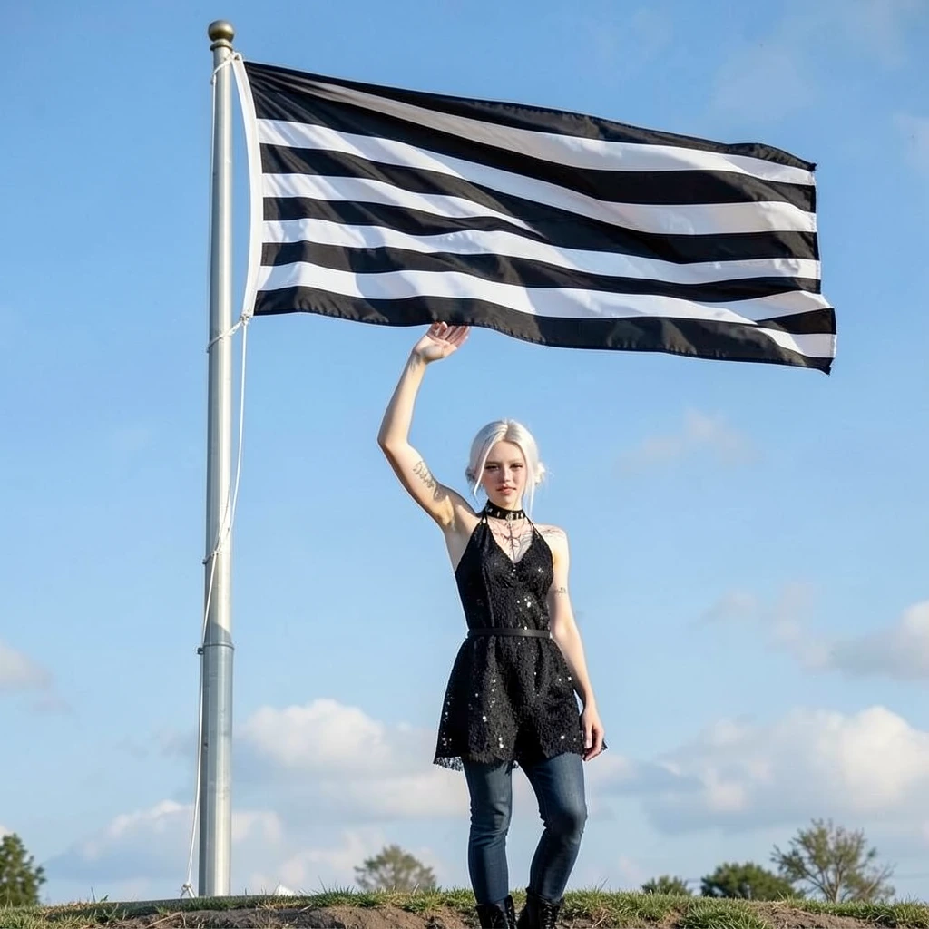 make the girl standing at the base of a flag pole saluting a black and white horizontally striped flag