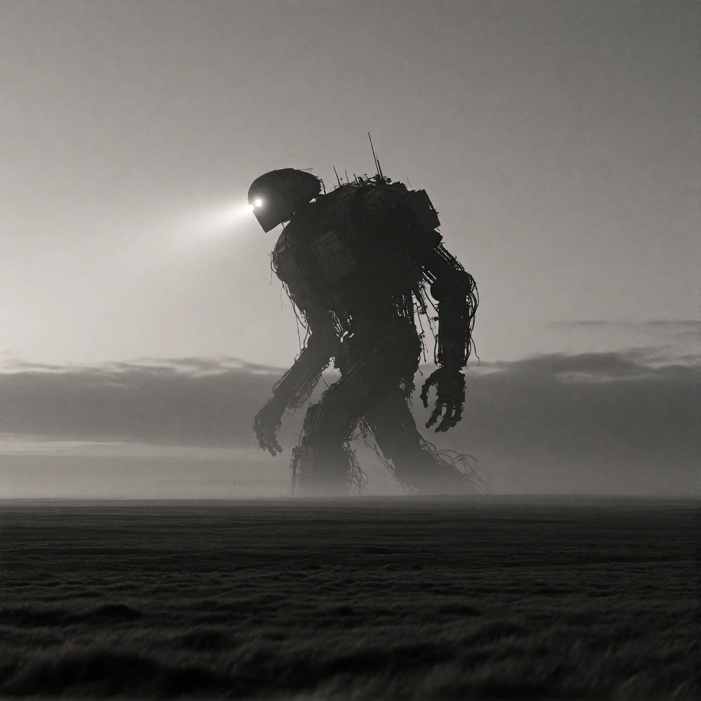Minimalist black and white photograph, vast empty moorland, flat horizon, no visible vegetation detail. A colossal extraterrestrial robot, unimaginably huge, appears as a dark monolithic silhouette dominating the horizon. The robot is slowly moving t