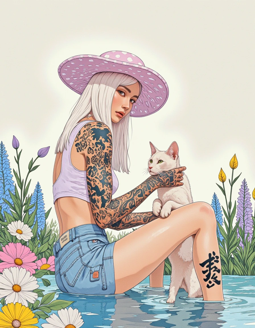 tattoo woman with Siamese cat, platinum pastel long straight hair, big Polkadot hat and outfit, water, soft cinematic rendering, pastel flowers blue, 