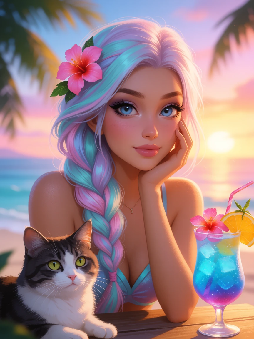 Beautiful woman pastel braided hair, on the beach with her cat, sunrise, fancy drink, tropical
