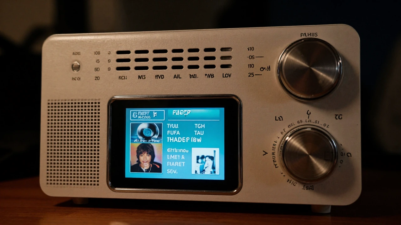 Radio receiver with frequency, station call letters, song title, artist name and album art on it's display